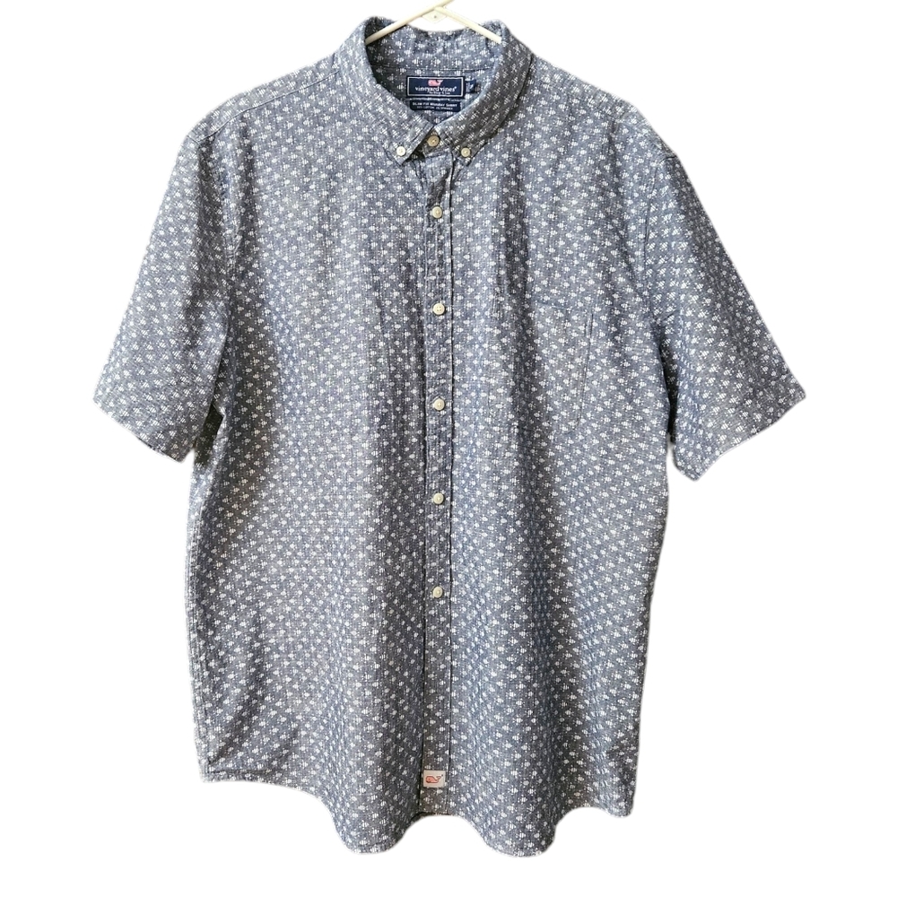 Vineyard Vines Slim Fit Murray Shirt Fish Print Short Sleeve Size 2XL Blue White